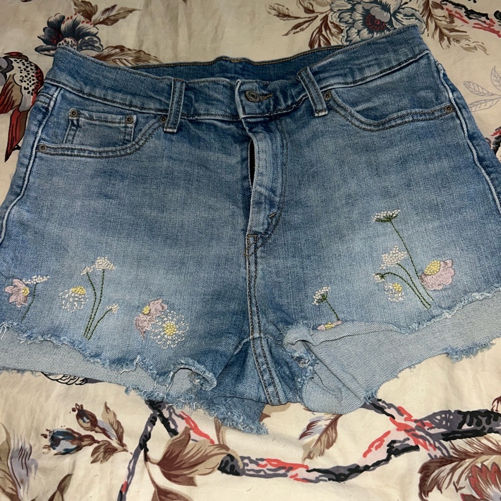 Levi's Blue Jean Shorts with Floral Embroidery and Frayed Hem